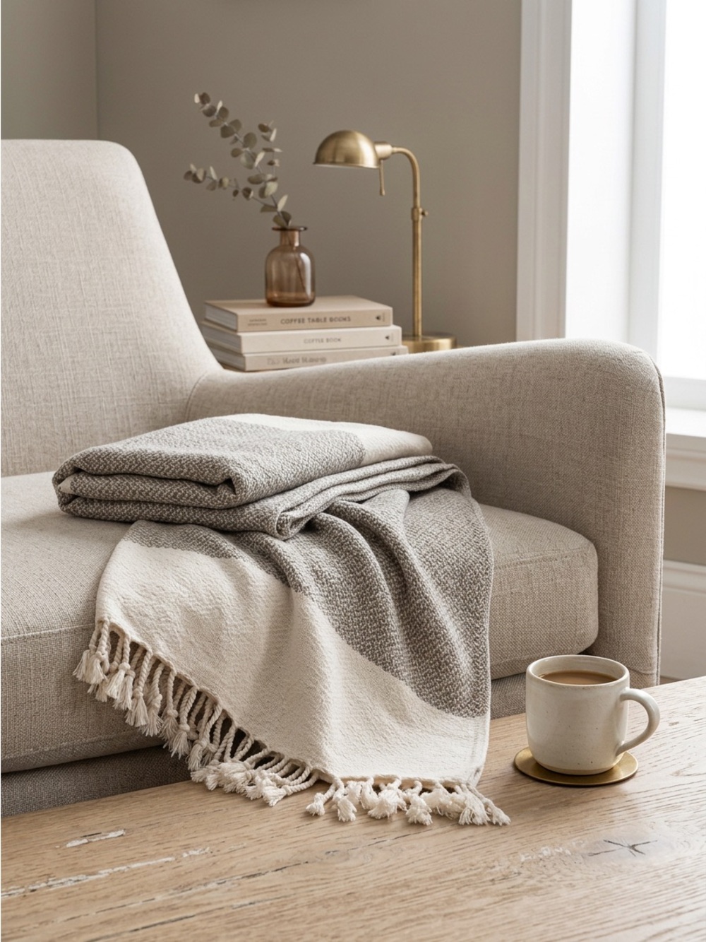 Smyrna Turkish Cotton Beige Throw Blanket 100% Cotton, 50 x 60 Inches